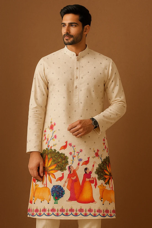 Beige Village Scene Embroidered Kurta