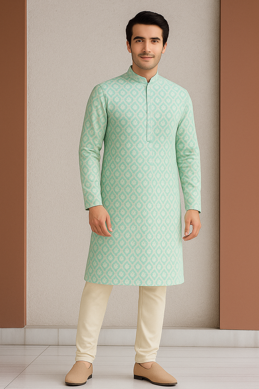 Vastra House's Men Aqua Green Art Silk Kurta Pyjama
